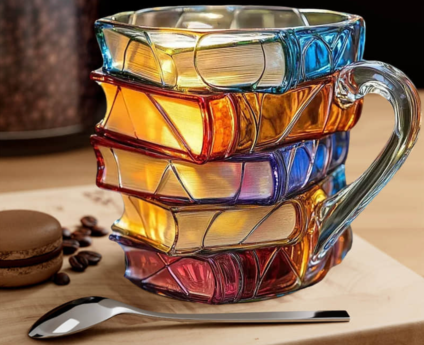 Vueeze BookHaven Mug with colorful sculpted book spines, a curved handle, and a silver spoon