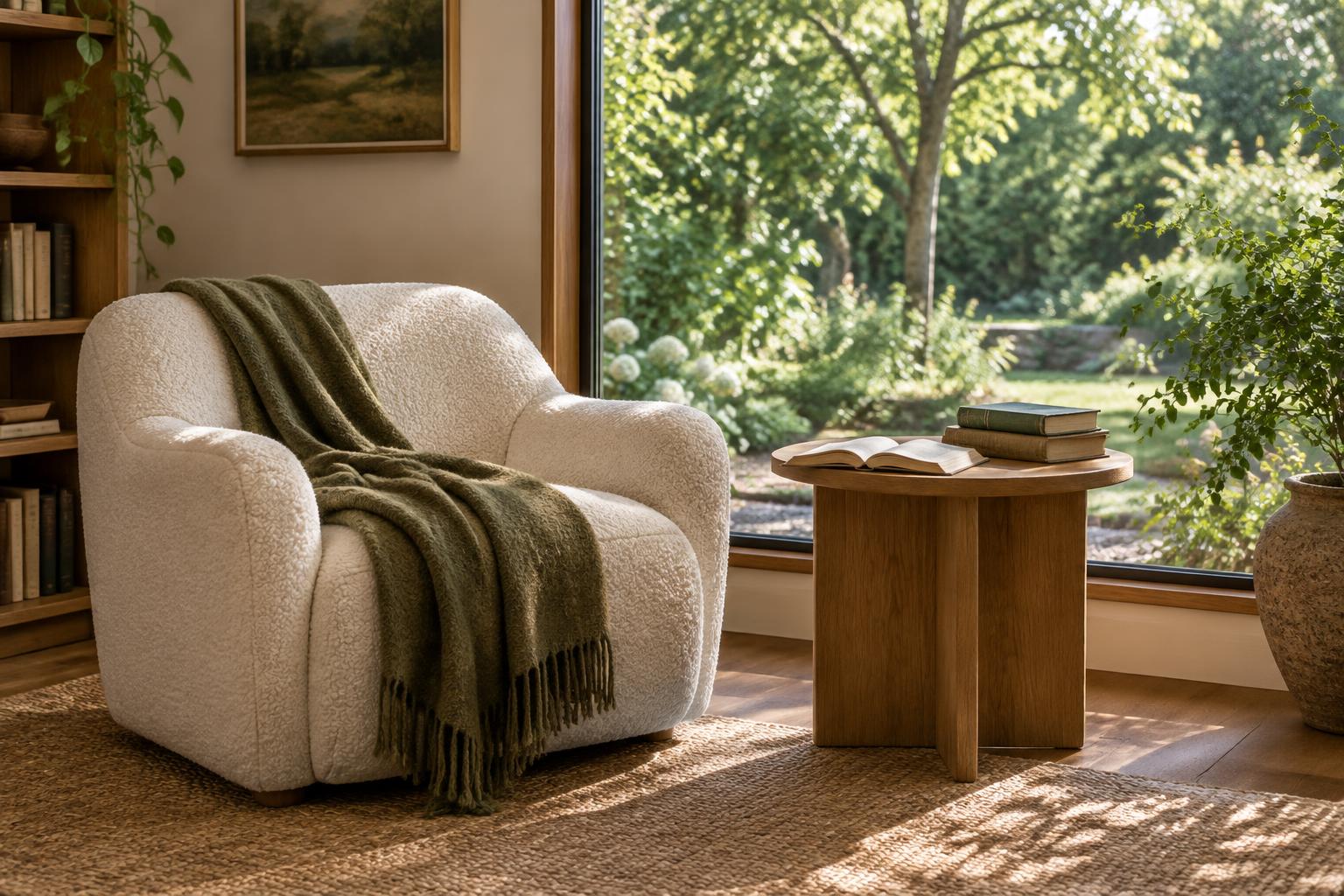 Sunlit reading corner with a comfortable armchair, an olive throw, and books on a wooden side table